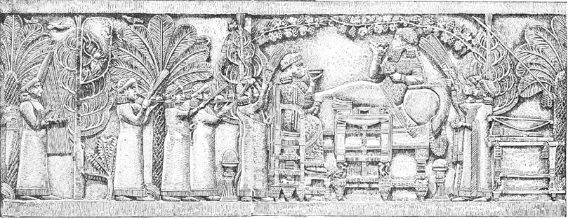 Çizim 2: Asurbanipal ve Eşi Aşşur-şarrat Ziyafet Sahnesi (Perrot, 1884: fig. 106, 107).