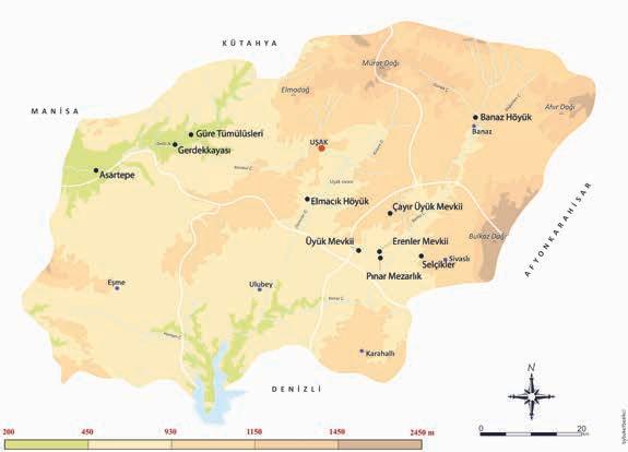 50 Yüzey Araştırmaları ve Kazılar Işığında Uşak Harita 1: Makalede adı geçen yerleşimleri gösteren harita (Harita: Buket Beşikçi) Konumu ve yukarıda özetlenen kronolojik dizinin içinde etkin bir