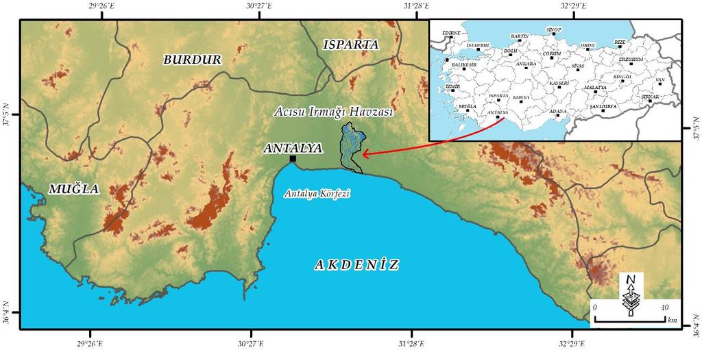 Acısu Çayı nın (Serik-Antalya) Drenaj Özelliklerinin Morfometrik Analizi 543 ilçesine bağlı olan Belek beldesinde Akdeniz e ulaşmaktadır (Şekil 1). Şekil 1: İnceleme Alanının Lokasyon Haritası 1.2.