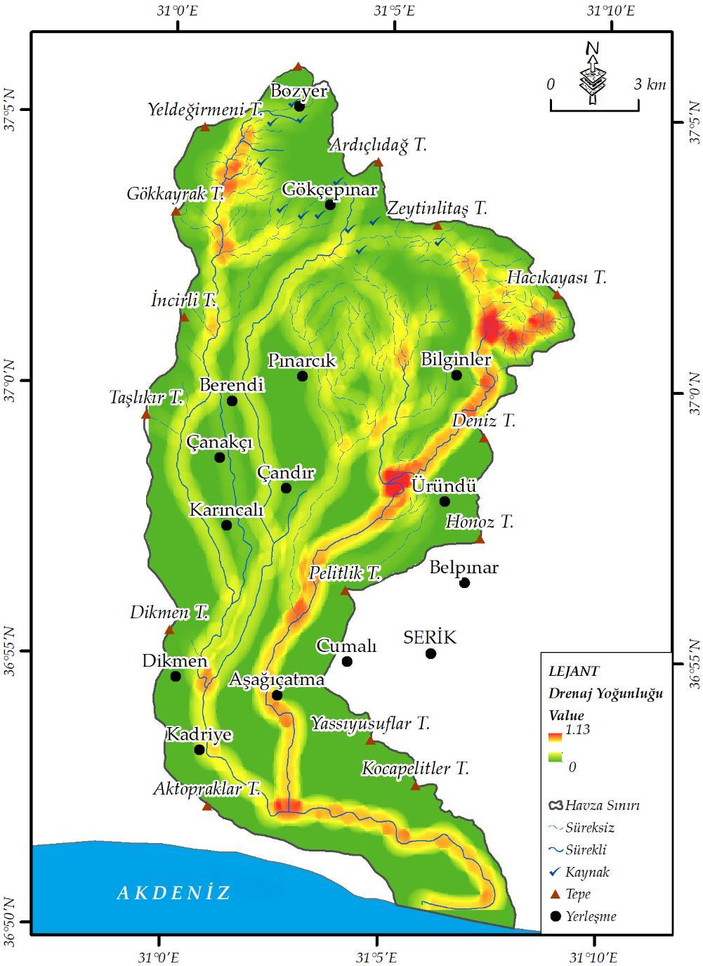 Acısu Çayı nın (Serik-Antalya) Drenaj Özelliklerinin Morfometrik Analizi 549 Şekil 5: İnceleme Alanının Çizgisel Drenaj Yoğunluğu Haritası Sahanın geçirimliliğinin yüksek olması yağış sularından