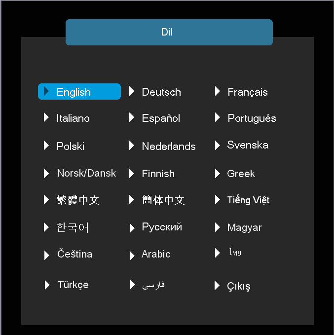 AYAR Dil Çok dilli OSD menüsünü seçin. Tercih ettiğiniz dili seçmek için veya öğesine altmenüden basın ve daha sonra veya tuşunu kullanın. Seçimi sonlandırmak için Enter tuşuna basın.