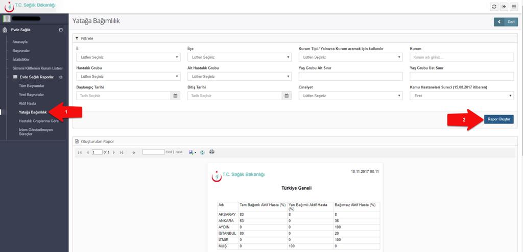 c. Aktif Hasta Raporu; Türkiye genelinde süreci devam eden başvuruların sayısı ve başvuruyu yapan kurum adları yer almaktadır. (Şekil 19) Şekil 19 d.