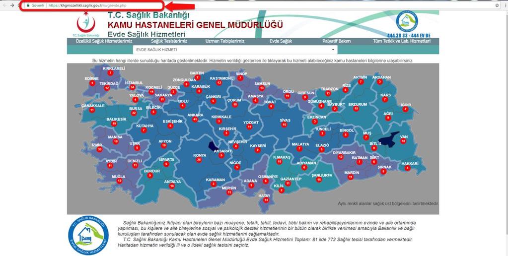 ESY sisteminin ilk giriş ekranında bulunan Evde Sağlık Hizmetimizin Verildiği İller ve Hastaneler linkine tıklandığında