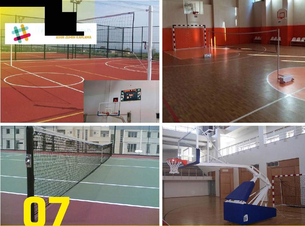 PVC ZEMİN KAPLAMA SPOR EKiPMANLAR/ Kaliteli kale, file, pota, skorbord, tribün koltukları, badminton