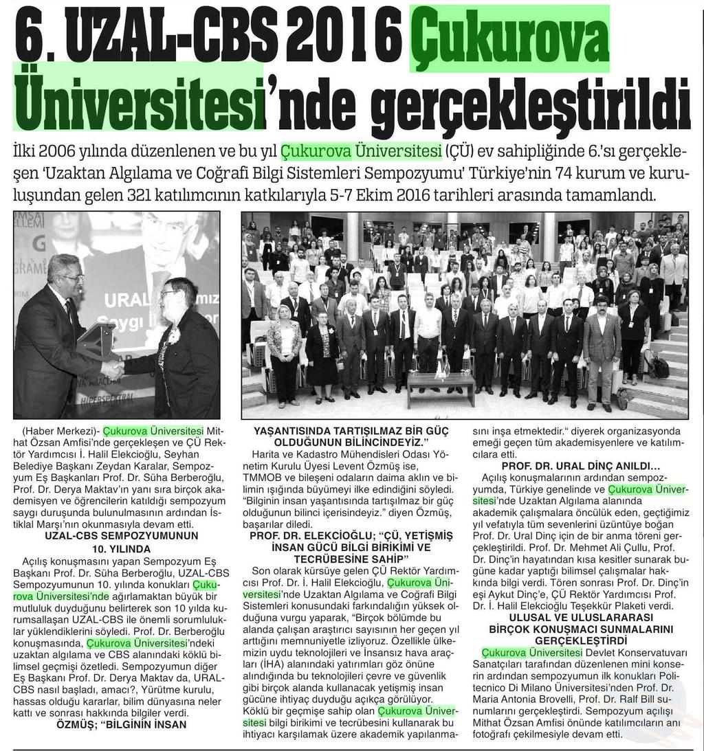 6. UZAL-CBS 2016 ÇUKUROVA ÜNIVERSITESI NDE GERÇEKLESTIRILDI Yayın