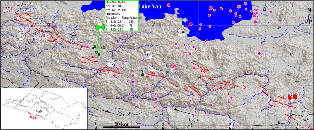 Şekil 2: Sağ yanal doğrultu atımlı Bitlis-Bahçesaray Fayı'nın segmentleri (Seyitoğlu vd. 2018a). Siyah hat: Güney Doğu Anadolu Bindirmesi (Emre vd. 2013).