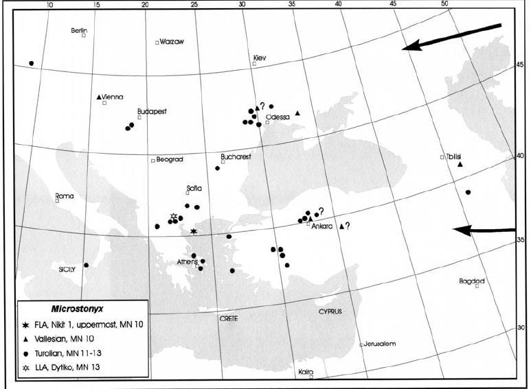 Resim 21: Doğu Akdeniz de Geç Miyosen döneminde Microstonyx in dağılımı (Koufos, 2003).