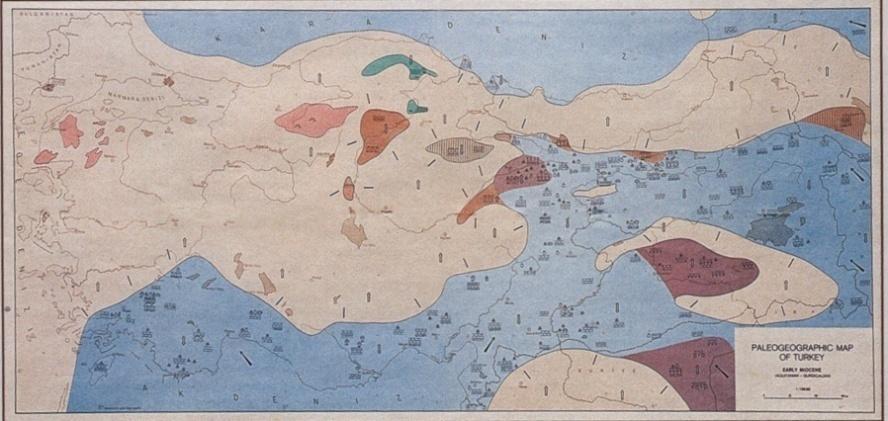 Resim 6: Erken Miyosen de Önasya daki kara-deniz konumlanması ve tatlısu gölleri (Anonim, 2009). Orta Miyosen sıralarında (16.3 myö) Arabistan ile Avrasya Türkiye de Bitlis süturu boyunca çarpışır.