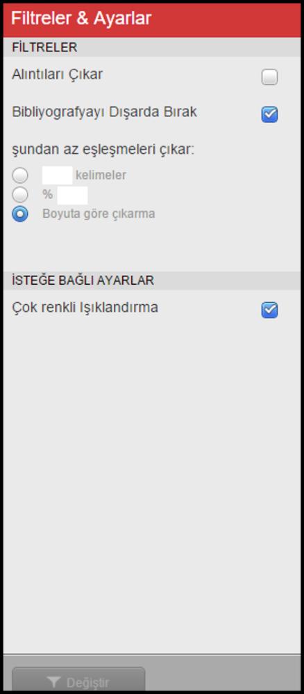 Filtreleme ayarları.