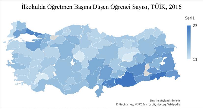 İlkokulda Öğretmen Başına Düşen Öğrenci Sayısı, TÜİK, 2016 Şanlıurfa da ilkokulda bir öğretmene 23 öğrenci düşerken bu sayı Türkiye de ilkokulda öğretmen başına 17 öğrenci olarak gerçekleşmektedir.