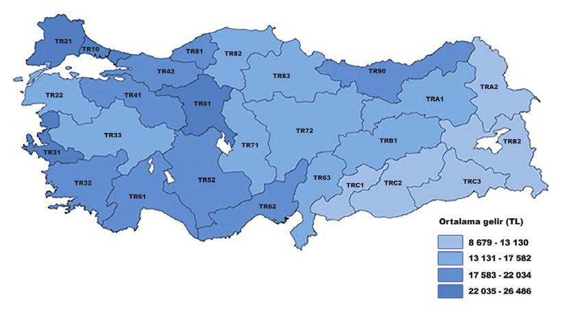 Ortalama Yıllık Eşdeğer Hanehalkı Kullanılabilir Fert Geliri, İBBS 2. Düzey, 2016 Türkiye de ortalama yıllık eşdeğer hanehalkı kullanılabilir fert geliri 2016 yılında 19 bin 139 TL iken, İBBS 2.