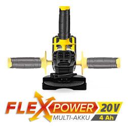 205 20V 4,0 Ah Flexpower çoklu akü başka akülü aletlerle esnek şekilde birleştirilebilir Metalin ayrılması, zımparalanması ve fırçalanmasının yanında fayansların ve