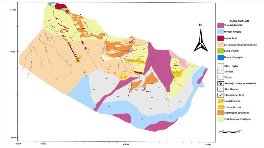 Serpantinitler Şekil 3.Çalışma alanının detay maden jeoloji haritası Üst Kretase yerleşim yaşına sahip olan Serpantinitler tamamen serpantinize olmuş peridoditlerden ibarettirler.