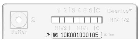 Geenius HIV 1/2 Confirmatory Assay kaseti bir Kontrol bandı (C) ve altı (6) test çizgisine sahiptir ve bunlar kaset üzerinde aşağıda gösterildiği şekilde numaralanmıştır: Bant 1: gp36 (HIV-2, kılıf