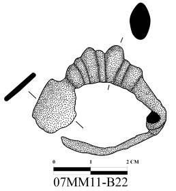 2007 Kazıda Bulunduğu Yer ve Tabaka: Güneydoğu köşeden 1,82 m, güneybatı köşeden 2,15 m uzaklıkta, mezar duvarı üst seviyesinden 0,95 m