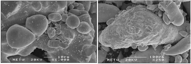 (Photos of air atomised tin powders. a) Run 1 b) Run 3 c) Run 6 d) Run 8 e) Run 9 f) Run 12) (a) (b) Şekil 8.