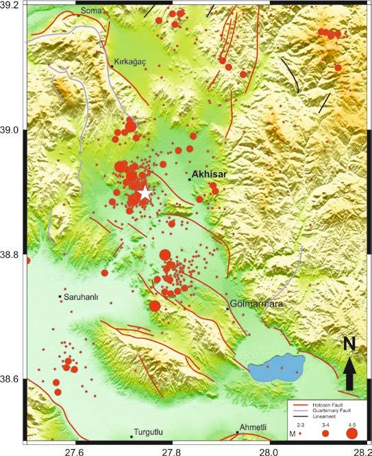 Şekil 1. Çalışma alanı ve civarındaki aktif faylar (Emre vd, 2013) ve bölgede meydana gelmiş depremler (M>2). 3.