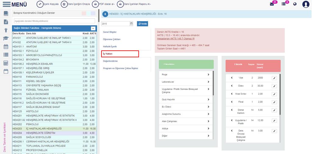 2.4. İŞ YÜKLERİ Ders etkinliklerinin seçilerek, etkinliğe sayı ve süre bilgilerinin eklendiği sayfadır. Sayfanın sol kısmında tüm etkinlikler yanlarında boş kutucuklarla yer alır.