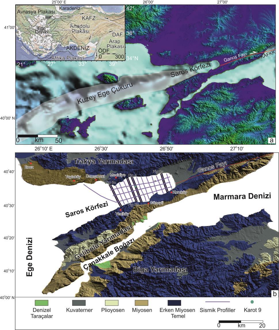 Şekil 1. a) Saroz Körfezi ve Türkiye genelleştirilmiş yapısal özellikleri b) Çalışma sahası genel jeoloji haritası (Ustaömer vd.