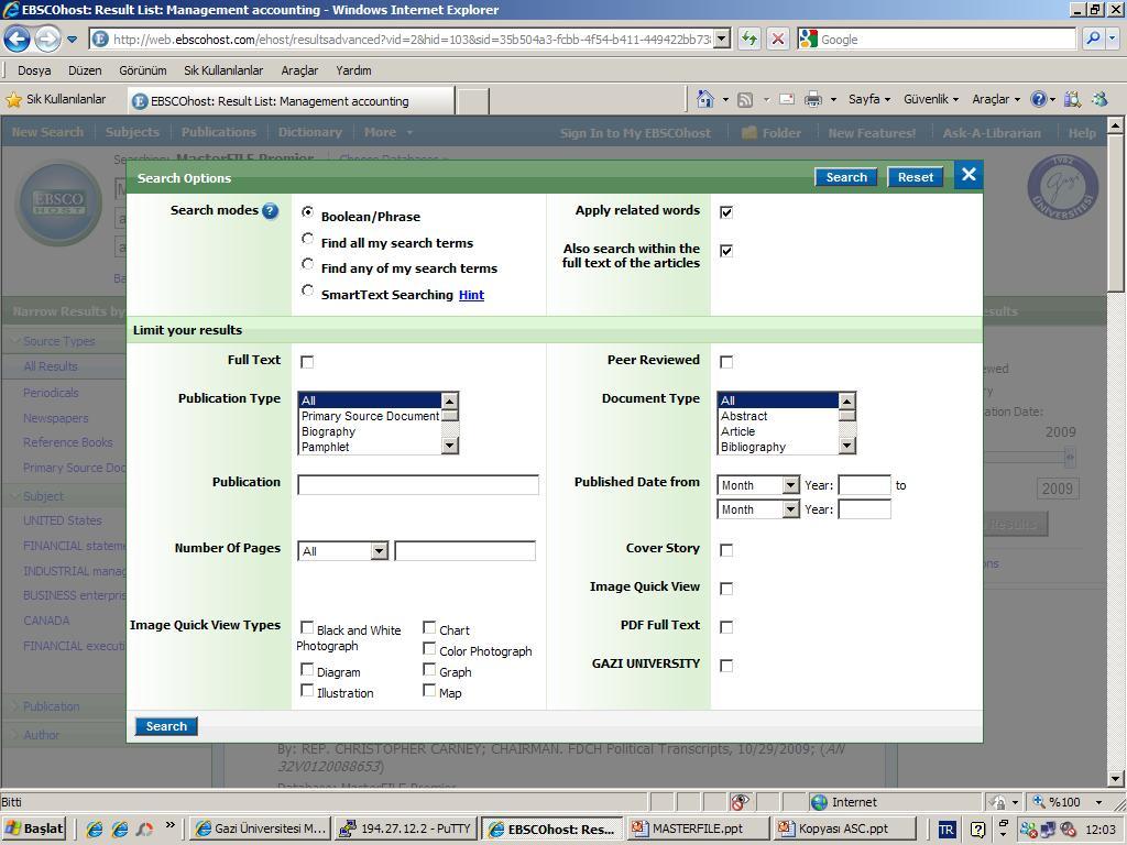 Tarama sonuçlar lar n daha fazla s n rlayabilmek s için, i in, sayfan n n sa k sm nda yer alan Search Options linkine