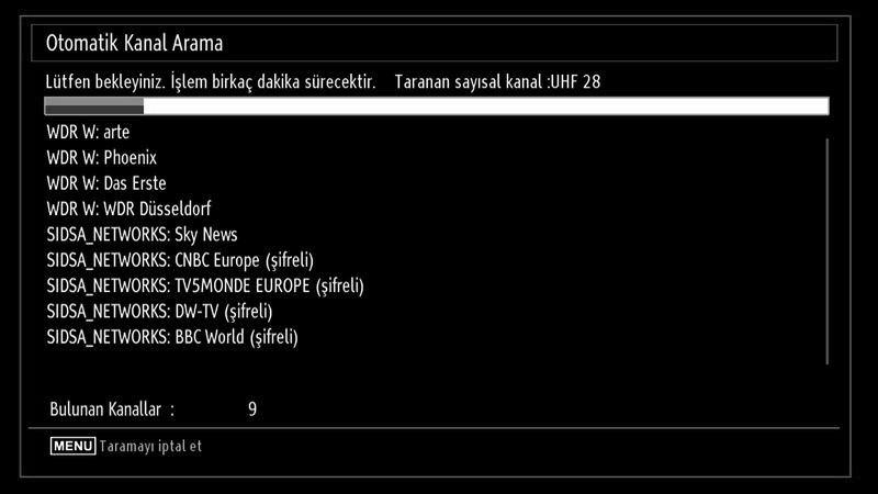 Sonrasında, ekranda şu menü görüntülenecektir: Eğer KABLO seçeneğini seçerseniz, şu ekran görüntülenecektir: Dilinizi seçmek için veya tuşlarını kullanınız ve seçilen dili ayarlamak ve devam etmek