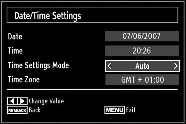 Configuring Date/Time Settings Select Date/Time in the Settings menu to confi gure Date/Time settings. Press OK button. Press or buttons to select a source.