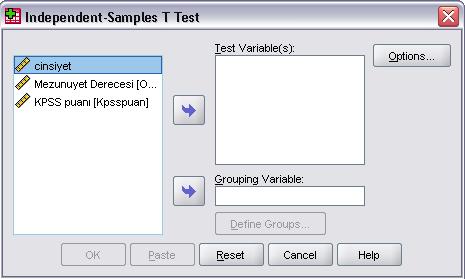 Test variable kısmına bağımlı değişken (KPSS puanı) aktarılır.