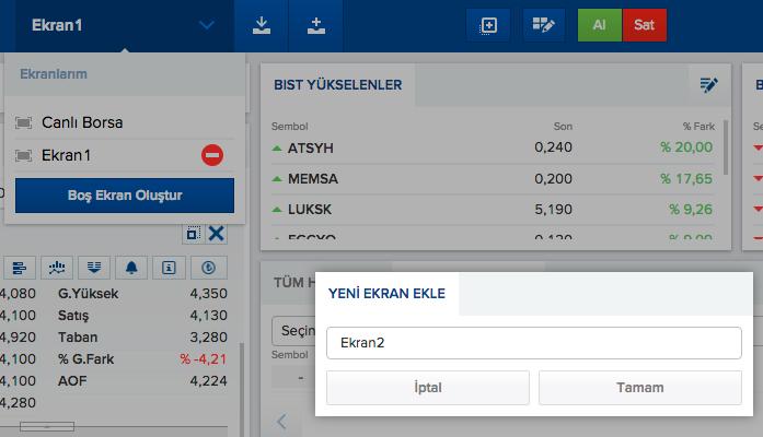 9) Boş Bir Sayfa Oluşturmak 1 2 3 4 Yenilenen Borsa İşlem Platformu nda tüm modülleri belirleyeceğiniz boş ekranlar da oluşturabilirsiniz.