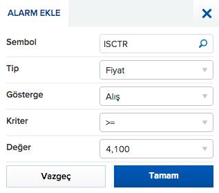 Burada yer alan «Alarm Ekle» butonuna tıklayarak alarm kurma penceresinin açılmasını sağlayabilirsiniz. Açılan pencerede pay ismini girerek belirleyeceğiniz fiyat ve koşullara alarm kurabilirsiniz.