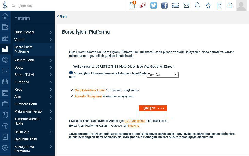 1) Borsa İşlem Platformu nun Çalıştırılması Borsa İşlem Platformu nu çalıştırmak için Bireysel İnternet Şube ye giriş yaptıktan sonra sırası ile Yatırım > Borsa İşlem Platformu > Borsa İşlem