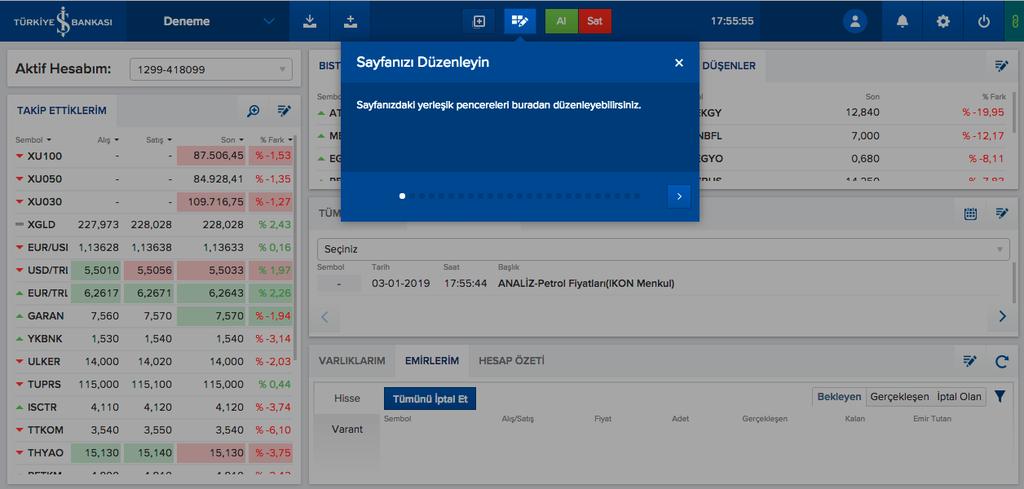 4) İnteraktif Kullanım Kılavuzunun Takip Edilmesi Borsa İşlem Platformu nu ilk kez çalıştırdığınızda; menü kullanımlarını