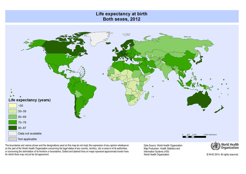 Doğuşta beklenen yaşam süresi (2012) 2012 değeri ortalama=70 Seçilmiş göstergeler