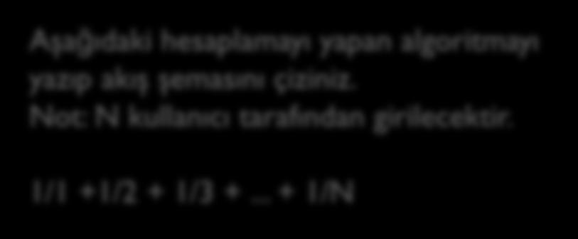 Örnek: Akış Şeması: BEGIN Aşağıdaki hesaplamayı yapan algoritmayı yazıp akış şemasını çiziniz. Not: N kullanıcı tarafından girilecektir. 1/1 +1/2 + 1/3 +.