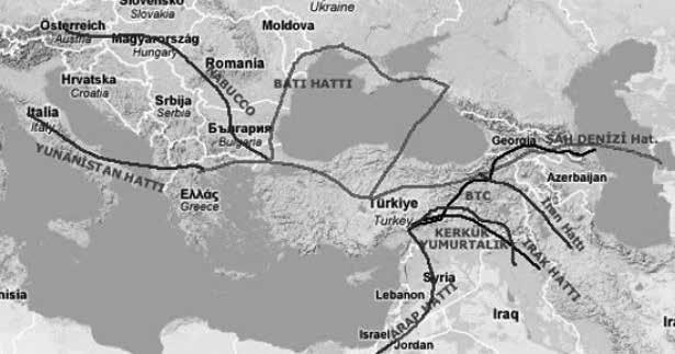 Resim 2: Nabucco, TransAnadolu, Kerkük -Yumurtalık, Bakü-Tiflis-Ceyhan ve İsrail-Suriye-İskenderun petrol boru hatları haritası.