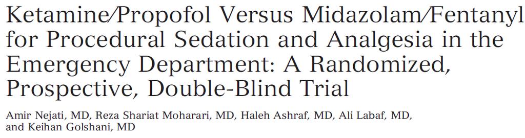 Prospektif, randomize, çift-kör. 62 travma hastası Ketofol : 31, MF: 31 hasta Ketofol; 0.75 mg/kg. M: 0.04 mg/kg, F:2µg/kg. Sedasyon zamanı (SZ): Farklılık yok. Ort. toplam SZ 25.1±13.