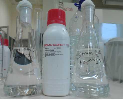 4.1.3.5. Serum Fizyolojik Maddeler Miktar (g/l) NaCl 9,0 Distile Su 1000 ml 9 gram sodyum klorür, 1000 ml distile su içinde çözdürülmüştür.
