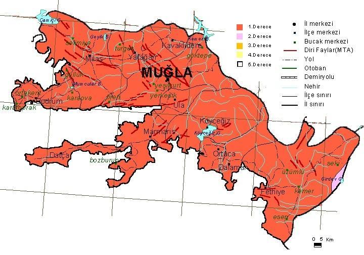 T.C. Çevre ve Şehircilik Bakanlığı Deprem Bölgeleri Haritasına göre Muğla ili tamamı 1. derece deprem bölgesinde yer almaktadır. 1. derece deprem bölgeleri en riskli bölgeler olarak kabul edilirken, 5.