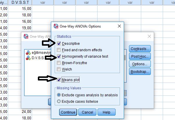 ADIM 2: Açılan sekmeye değişkenlerimizi yerleştirerek post hoc.. seçeneğinden yukarıdaki ayarlar yapılır. Options seçeneğinden yukarıdaki seçenekler işaretlenir.