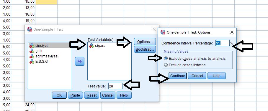 ADIM 2: One sample T-test sekmesine tıkladığımızda açılan pencereden Test Variable sekmesine seçtiğimiz