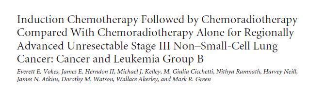 CALGB 39801 1998-2002, 366 hasta Kemoradyoterapi vs 2 kür indüksiyon sonrası kemoradyoterapi Med OS 12 vs 14 ay (p: 0.