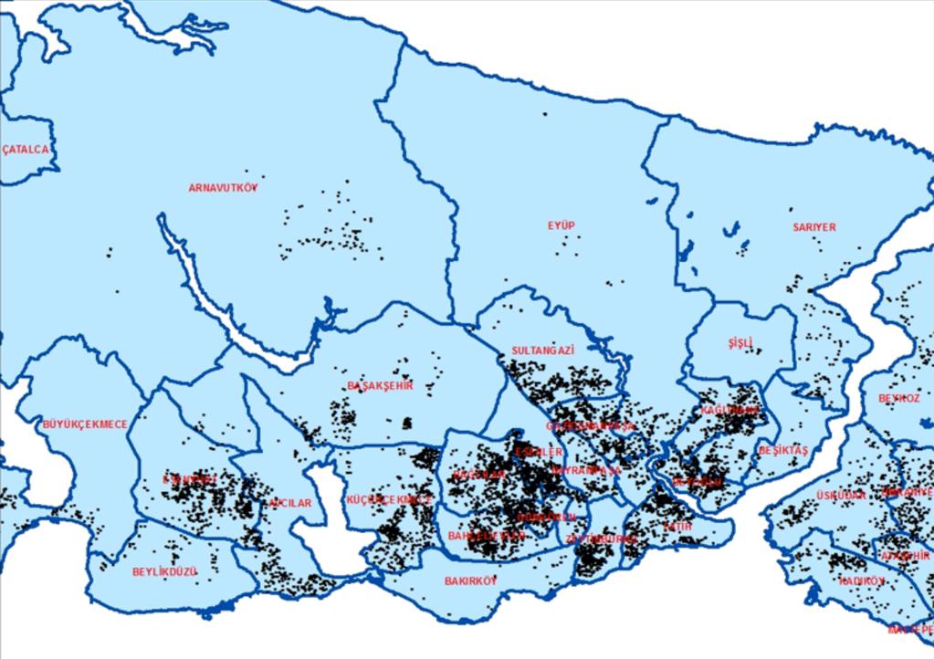 İstanbul da Suça Sürüklenen Çocukların Yaşadığı Mahallelerde Arazi Değerleri 185 Şekil 1. Avrupa yakası suça sürüklenen çocukların ikametgah dağılım haritası.