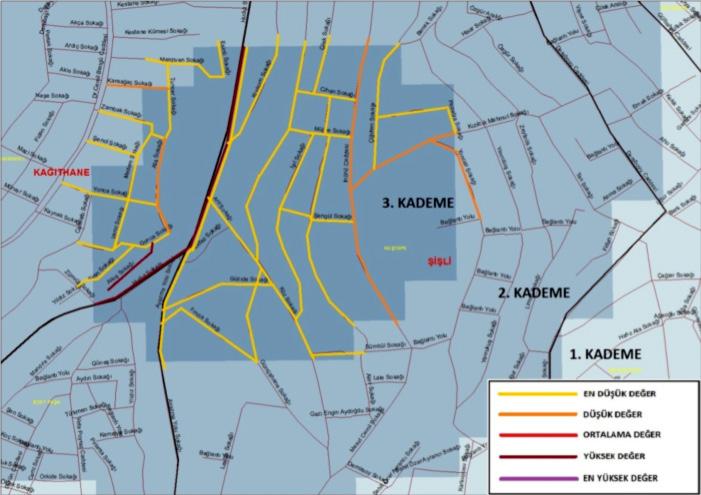 İstanbul da Suça Sürüklenen Çocukların Yaşadığı Mahallelerde Arazi Değerleri 187 Şekil 5. Şişli-Kağıthane ilçeleri etkileşim risk haritası. Şekil 6. Bağcılar ilçesi etkileşim risk haritası.