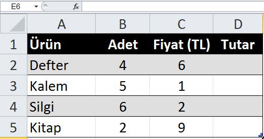 AlıĢtırma 1: AĢağıda kırtasiyeye giden bir öğrencinin aldığı ürünler, âdeti, fiyatı listelenmiģtir.