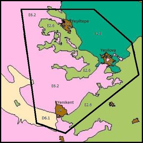 Şekil 4. Tuz Gölü ÖÇKB EUNIS habitat tipleri ve kodları (Özel Çevre Koruma Kurumu Başkanlığı 2007) (D6.1-Tuza töleranslı bitkilerin bulunduğu tuzlu step bataklıklar; E2.