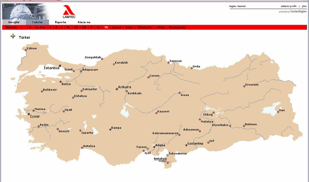 Uygulamalar Tesis Yönetimi : Sisteme bağlı tüm tesislerin durumu bir bakışta görülebilir. Örneğin, tüm üretim lokasyonları haritalar üzerine işaretlenebilir.