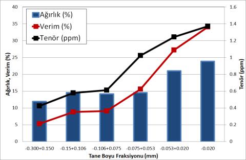 3.2. İnce numune ile gerçekleştirilen altın kazanımı çalışmalarından elde edilen bulgular İnce numune ile gerçekleştirilen altın kazanım çalışmasına ait sonuçlar Tablo 7 de sunulmaktadır.