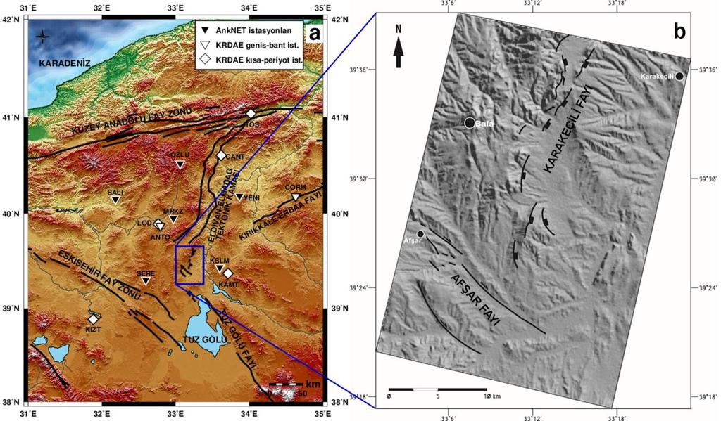 Şekil 1. Bölgenin aktif tektonik yapıları ile çalışmada kullanılan sismograf istasyonları (a) ve Bala daki aktif faylar (b) 2.