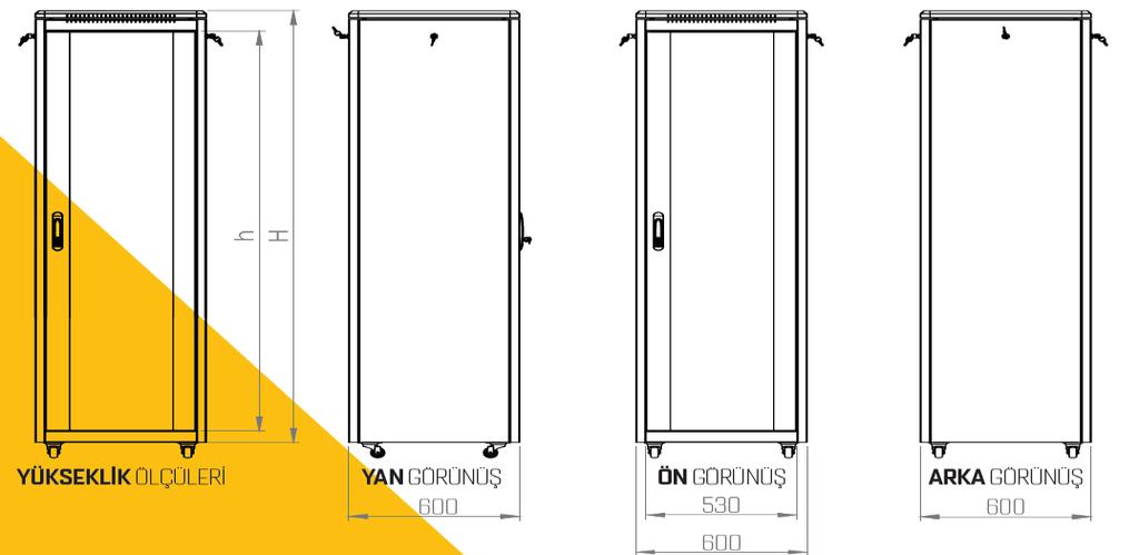 Ürün Kodu Ölçüler WxDxH mm TSRK-12U6060 30020 12U 600X600 19" Dikili Tip Rack Kabin 600x600x680 82 200,00 USD TSRK-16U6060 30021 16U 600X600 19" Dikili Tip Rack Kabin 600x600x885 106 230,00 USD