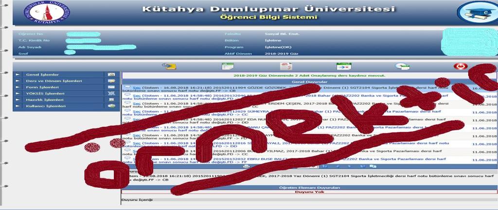 2. WEB SİTESİ, ÖĞRENCİ BİLGİ SİSTEMİ (OBS), E-YOKLAMA, DPU PORTAL VE DPUMOBİL, AKILLI KART SİSTEMİ Öğrenci Bilgi Sistemi (OBS) Ekran