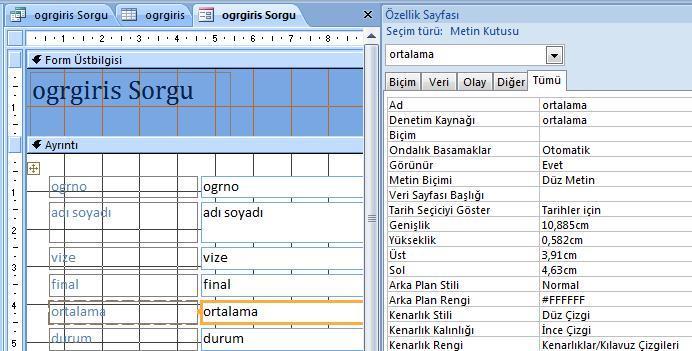 Yazılan kodlar sadece formlar için geçerli olduğundan tablo ve sorguya her hangi bir bilgi aktarımı bu örnek için